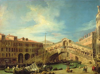 Näkymä Rialtoon Venetsiassa (näkymä Rialton sillalle etelästä) (öljy kuparille) tekijältä Giovanni Antonio Canal
